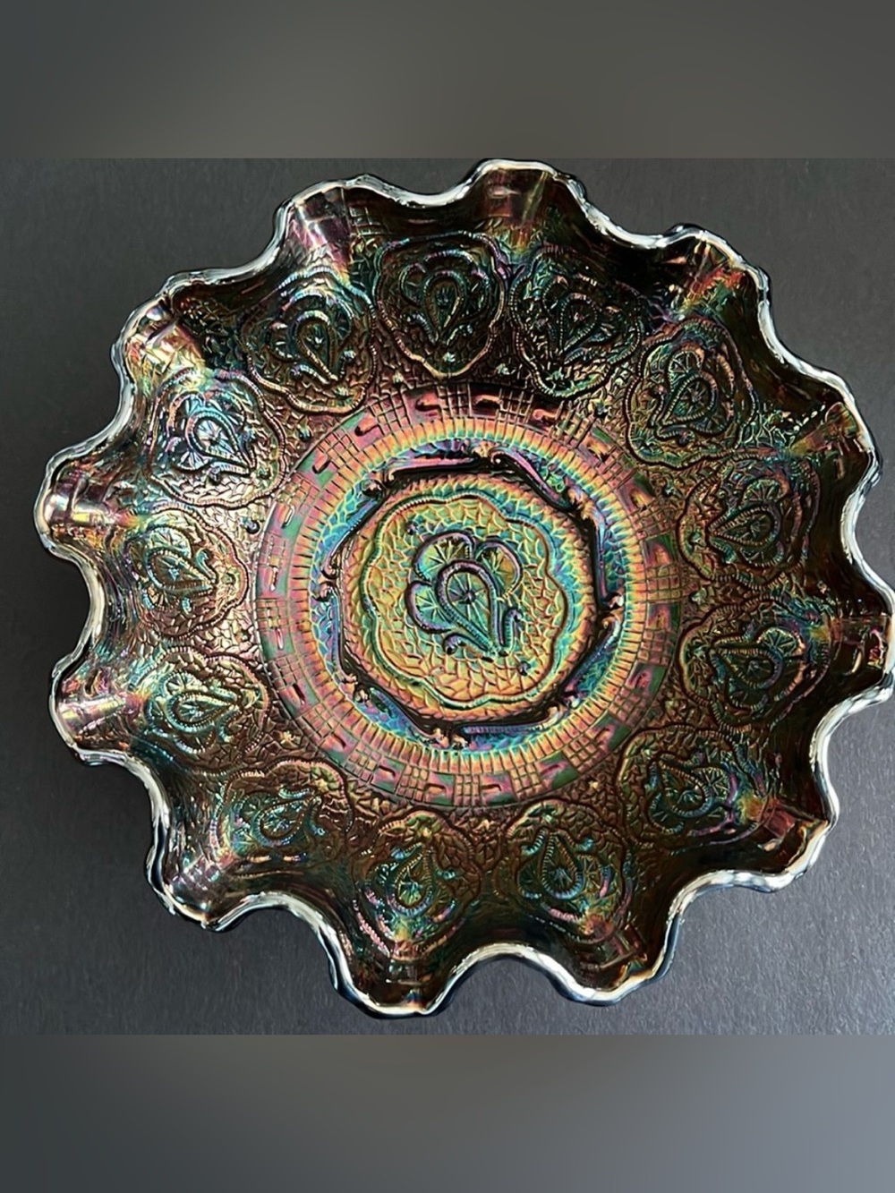 Vintage Fenton Persian Medallion Black Amethyst Carnival Glass Ruffled Bowl